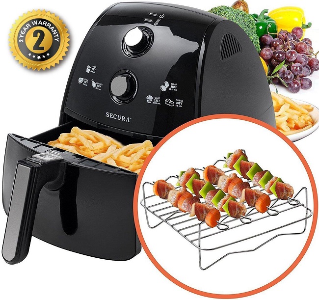 Secura Air Fryer XL with 4.2 qt basket capacity comes with a toaster rack and skewers