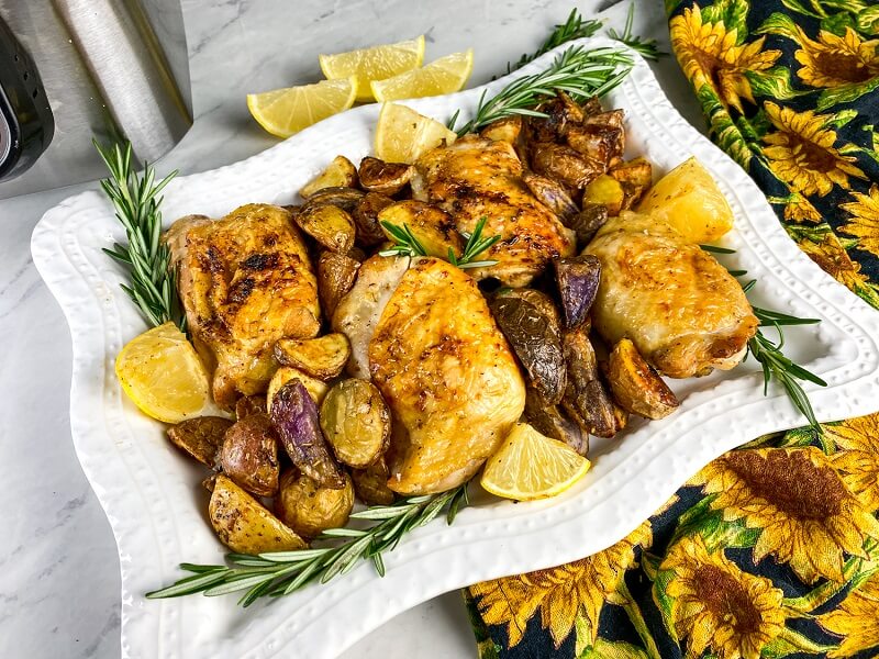 Air Fryer Lemon Rosemary Chicken Thighs with Potatoes